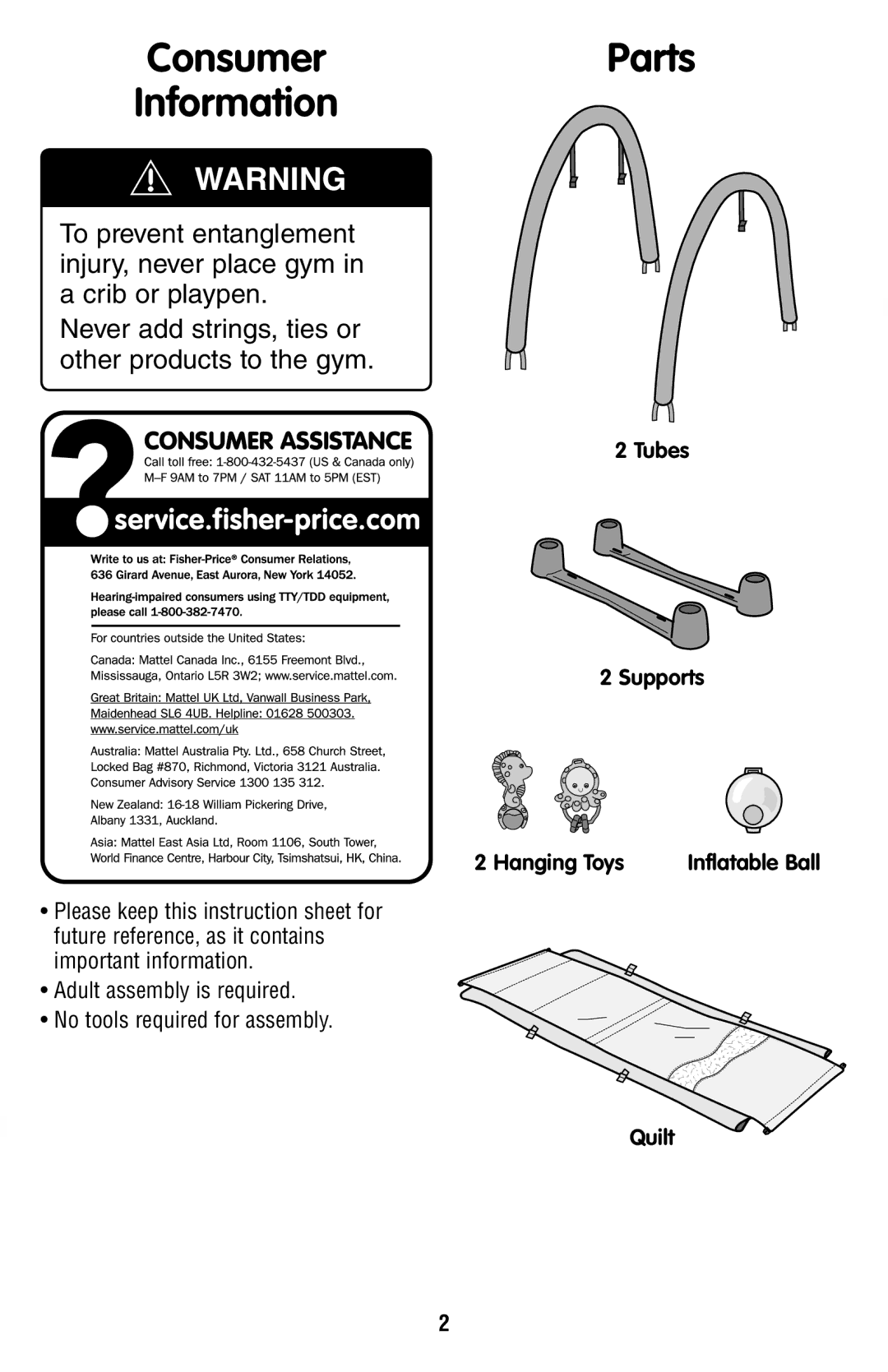 Fisher-Price P5331 manual ConsumerParts Information, Tubes Supports Hanging Toys 