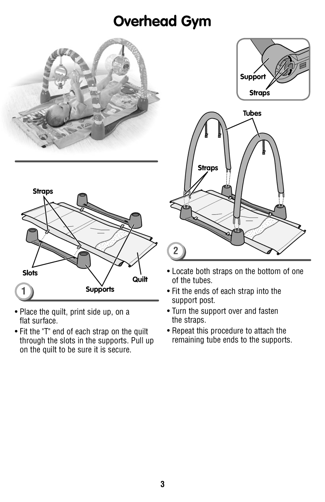 Fisher-Price P5331 manual Overhead Gym, Place the quilt, print side up, on a flat surface 