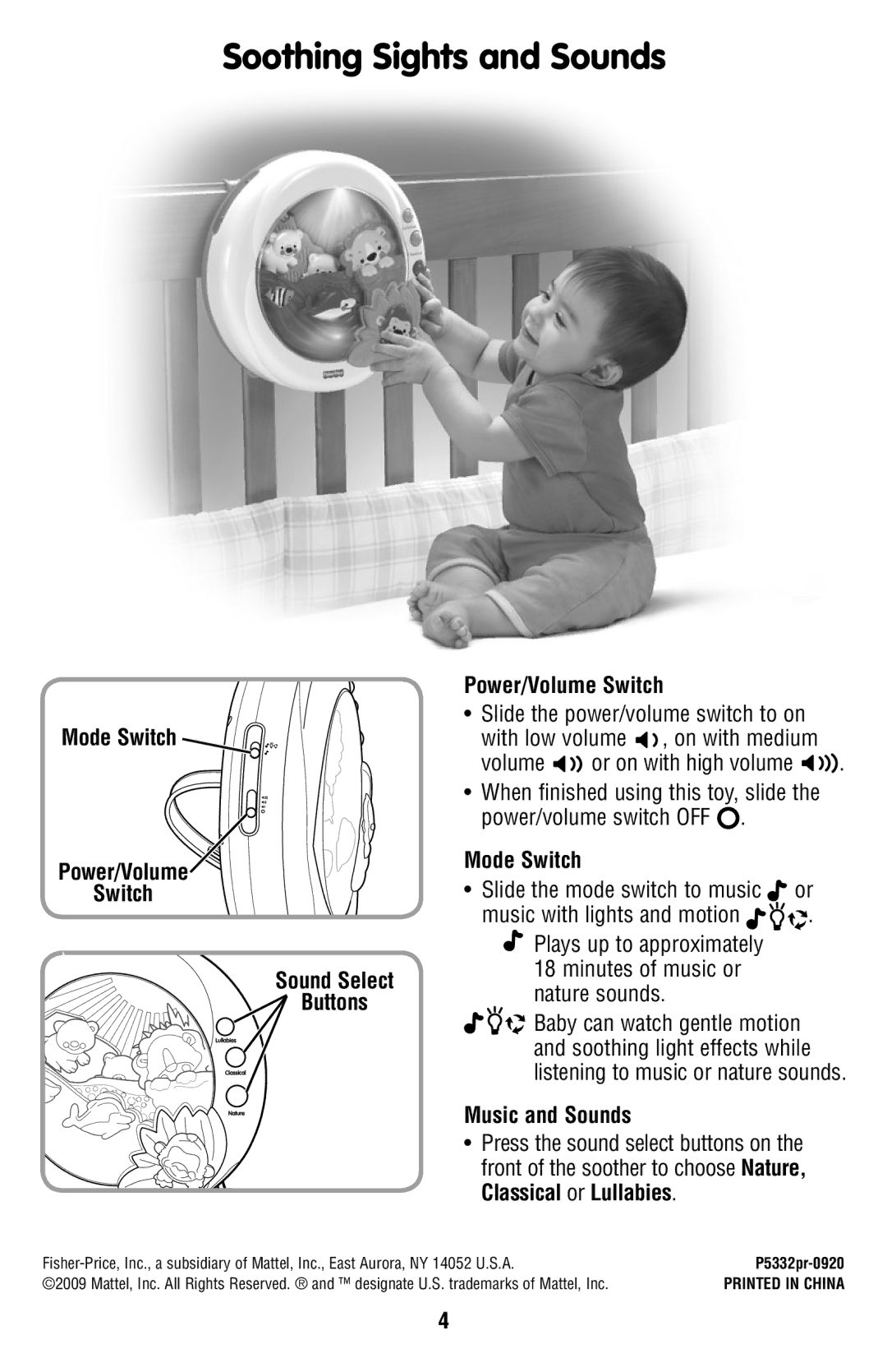 Fisher-Price P5332 instruction sheet Soothing Sights and Sounds, Mode Switch, Music and Sounds 