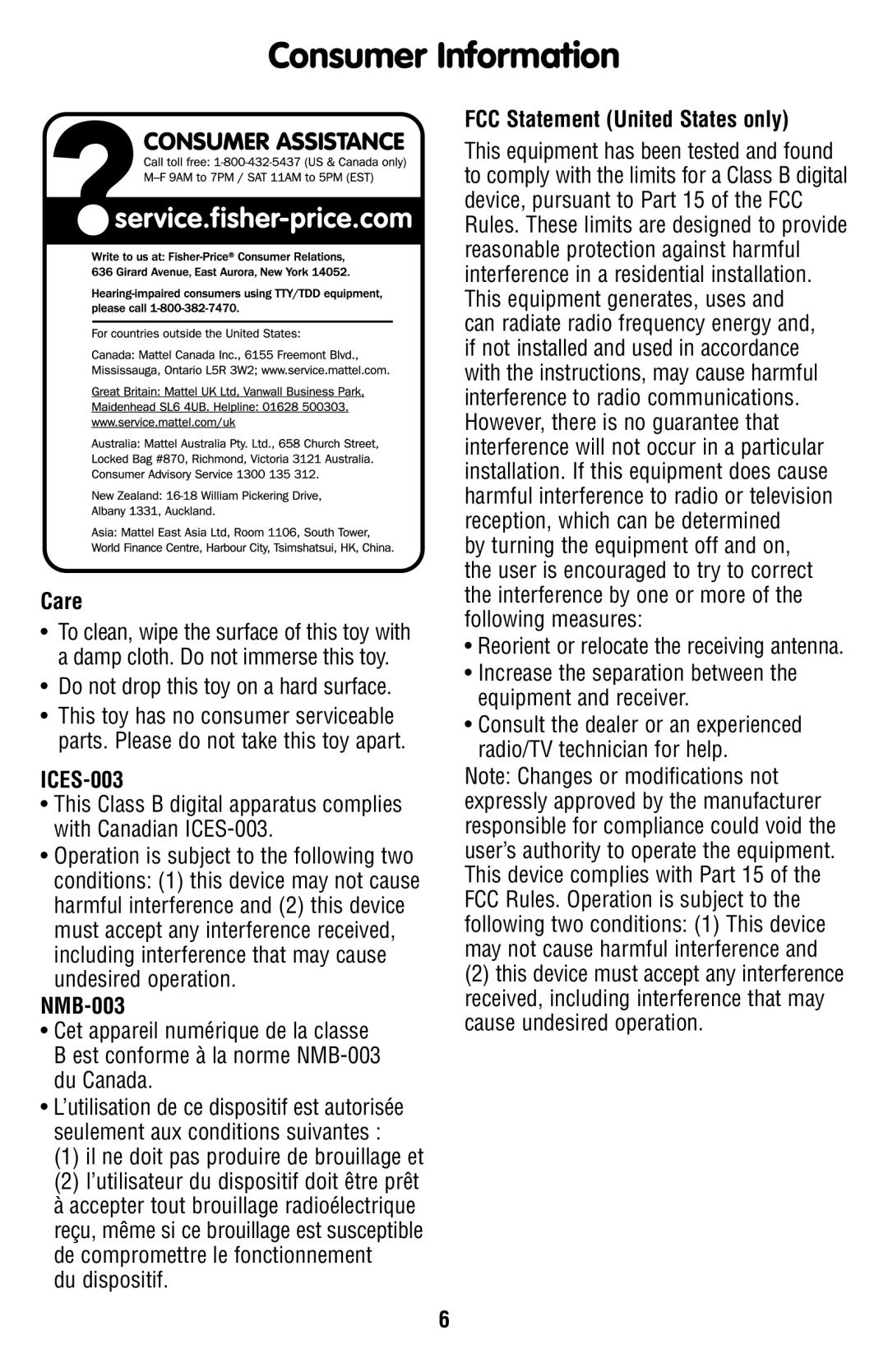 Fisher-Price P5332 instruction sheet Care, ICES-003, NMB-003, FCC Statement United States only 