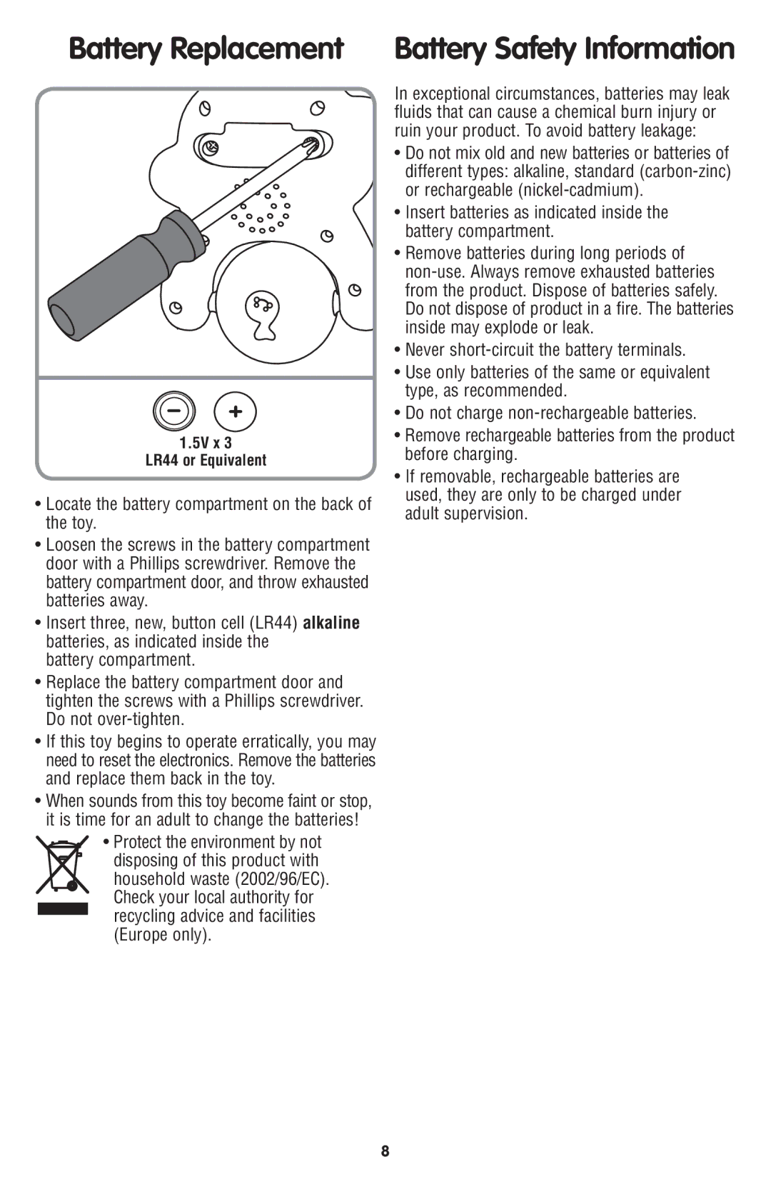 Fisher-Price P5333 manual Battery Replacement, Battery Safety Information 