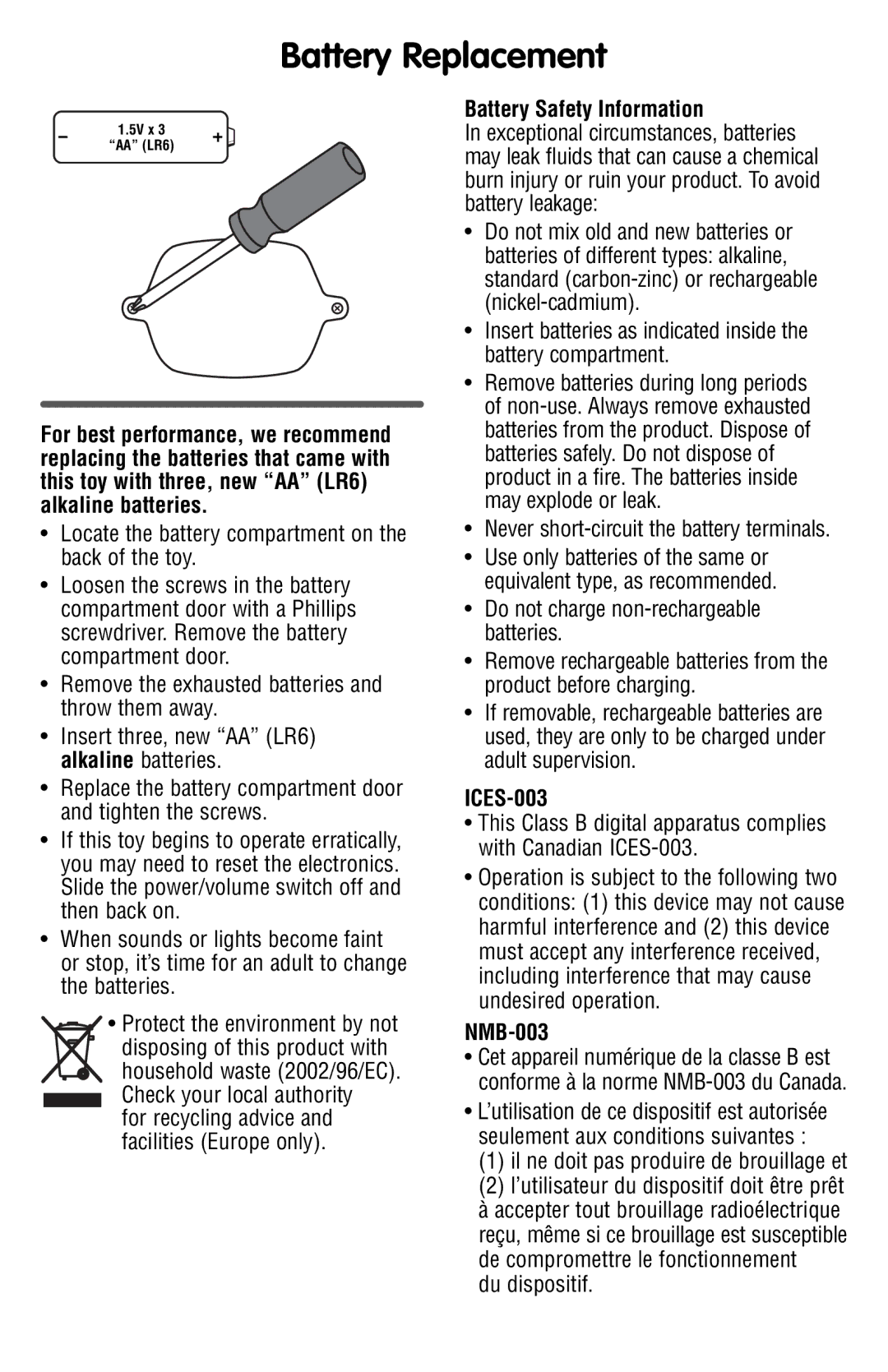 Fisher-Price P5334 instruction sheet Battery Replacement, Battery Safety Information, ICES-003, NMB-003 