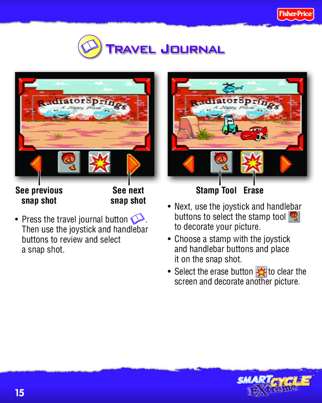 Fisher-Price P5452 manual Travel Journal, See, Next, Previous Snap shot, Stamp Tool Erase 