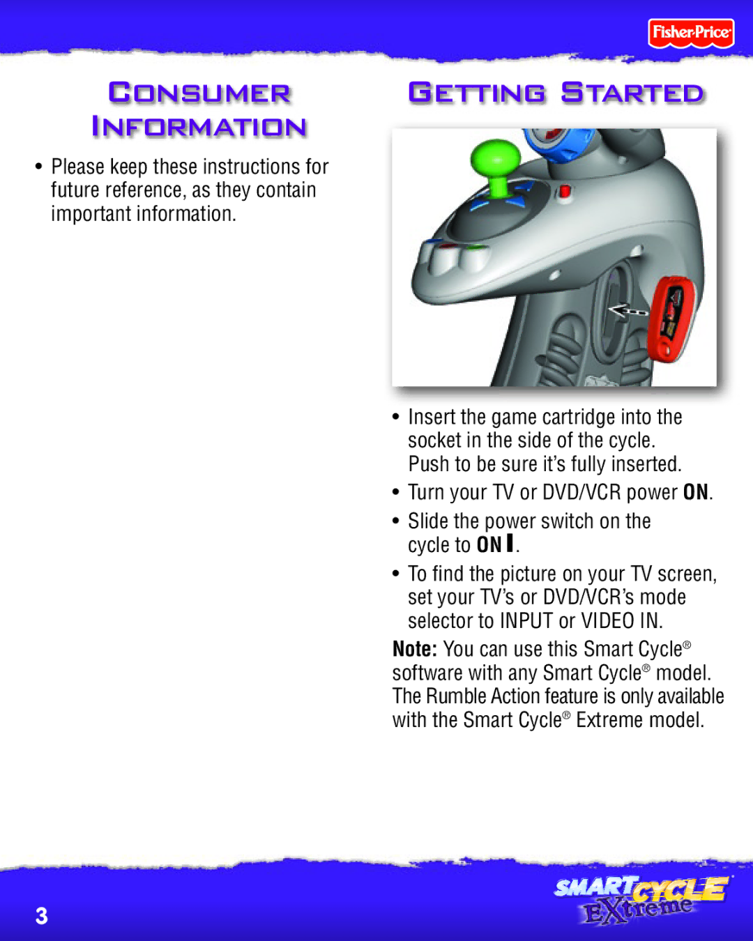 Fisher-Price P5452 manual Consumer Information, Slide the power switch on the cycle to on 