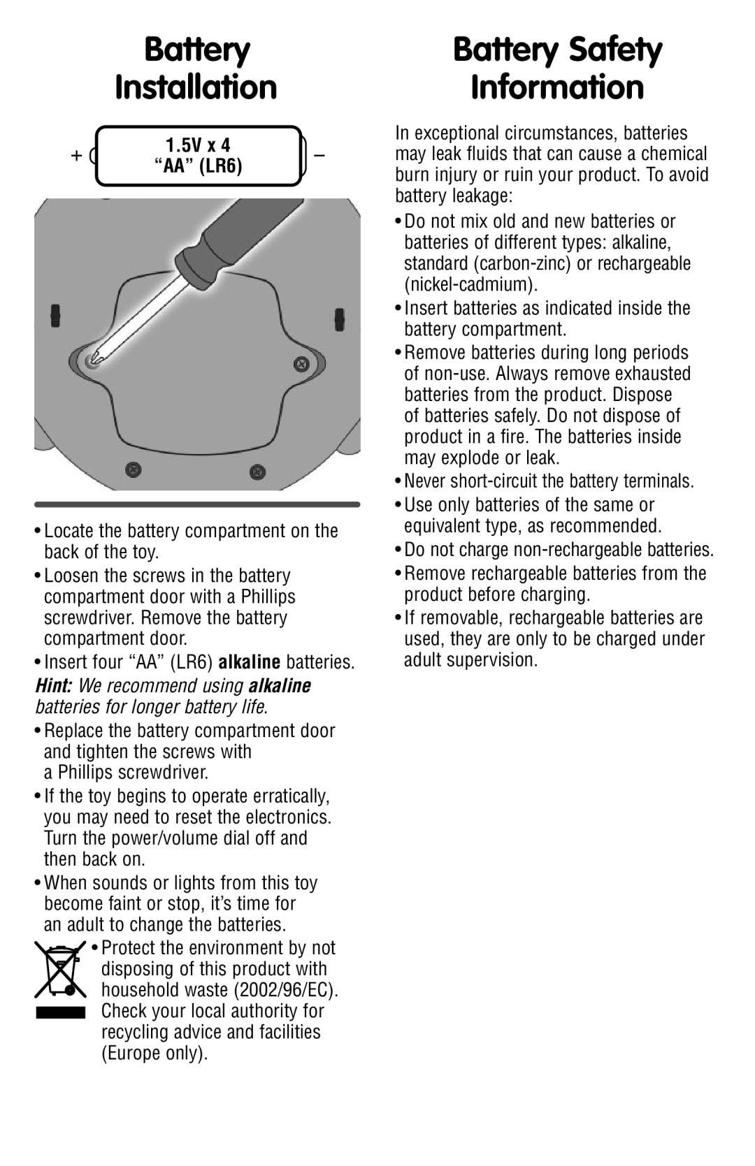 Fisher-Price P5600 instruction sheet Battery Installation, Battery Safety Information, 5V x AA LR6 