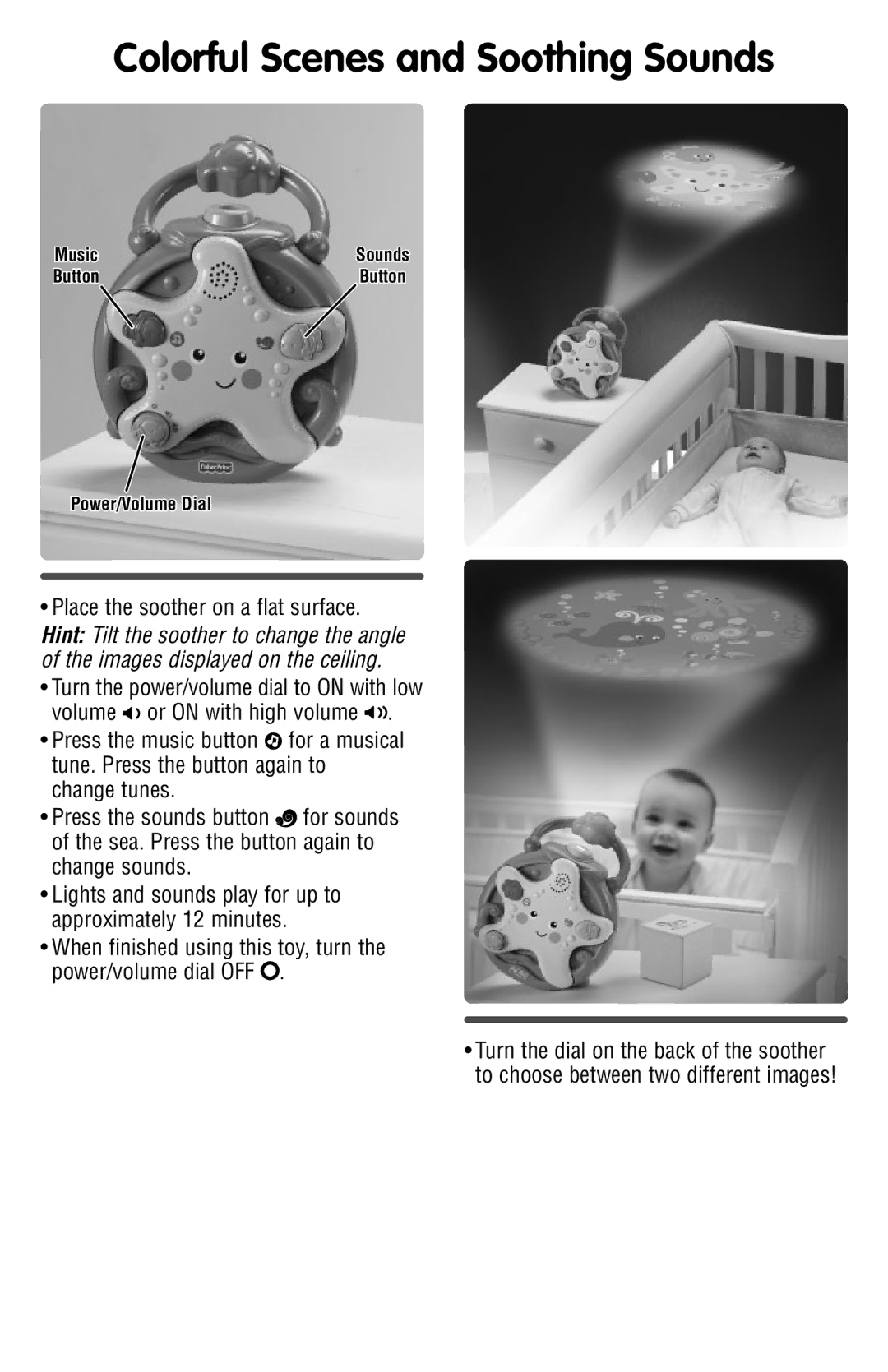 Fisher-Price P5600 instruction sheet Colorful Scenes and Soothing Sounds 