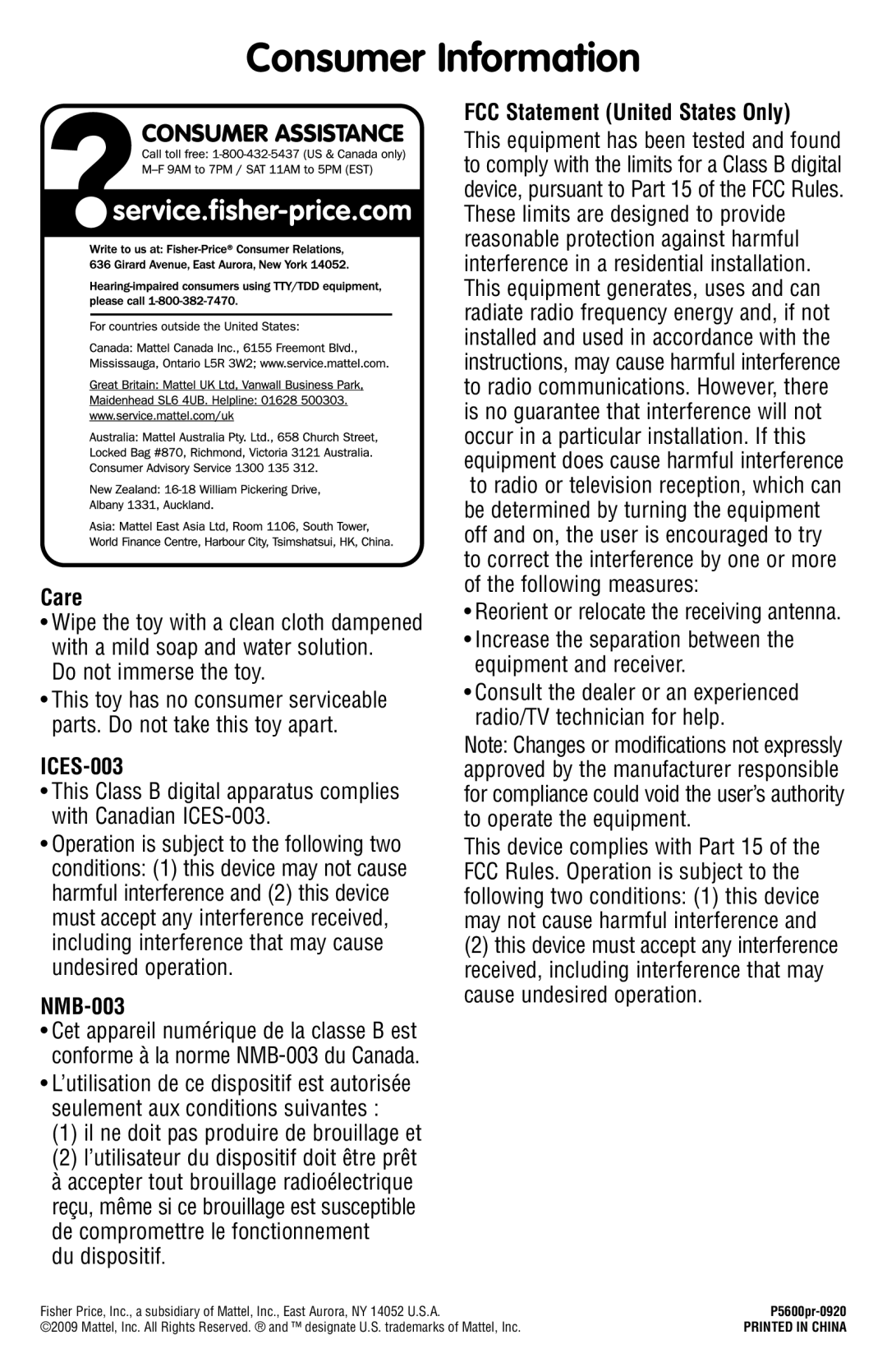 Fisher-Price P5600 instruction sheet Consumer Information, Care, ICES-003, NMB-003, FCC Statement United States Only 