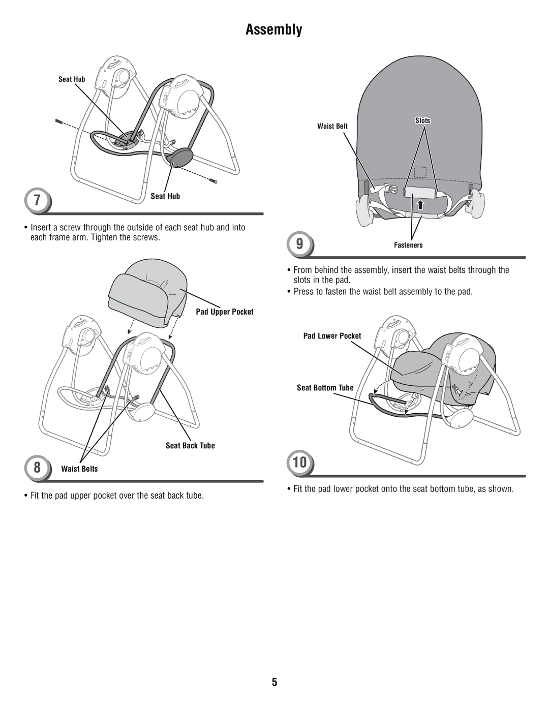 Fisher-Price P6033 manual Fit the pad upper pocket over the seat back tube 