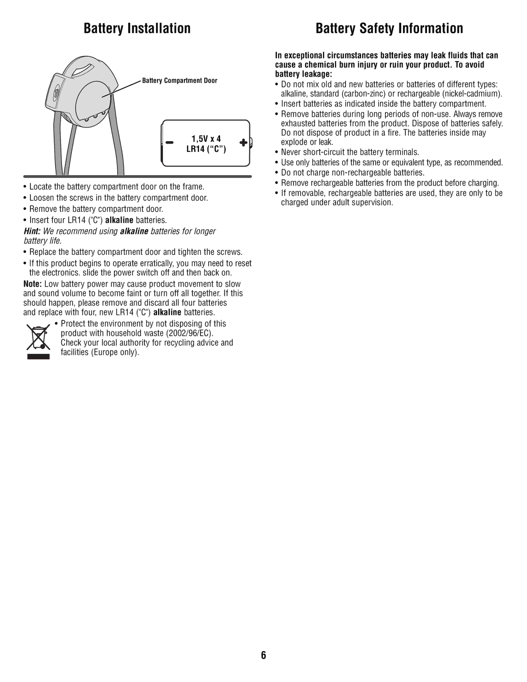 Fisher-Price P6033 manual Battery Installation, Battery Safety Information, 5V x LR14 C 