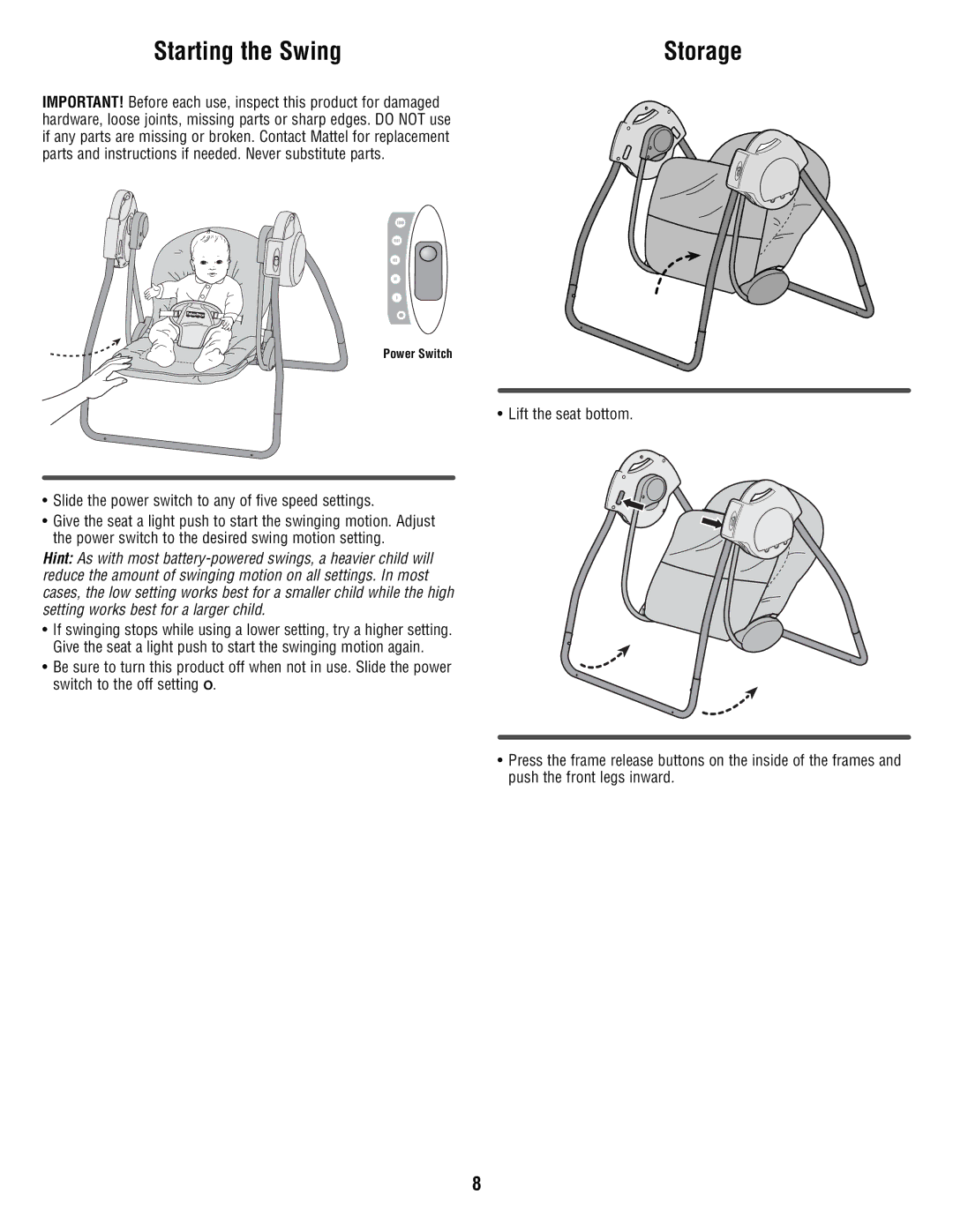 Fisher-Price P6033 manual Starting the Swing, Storage 