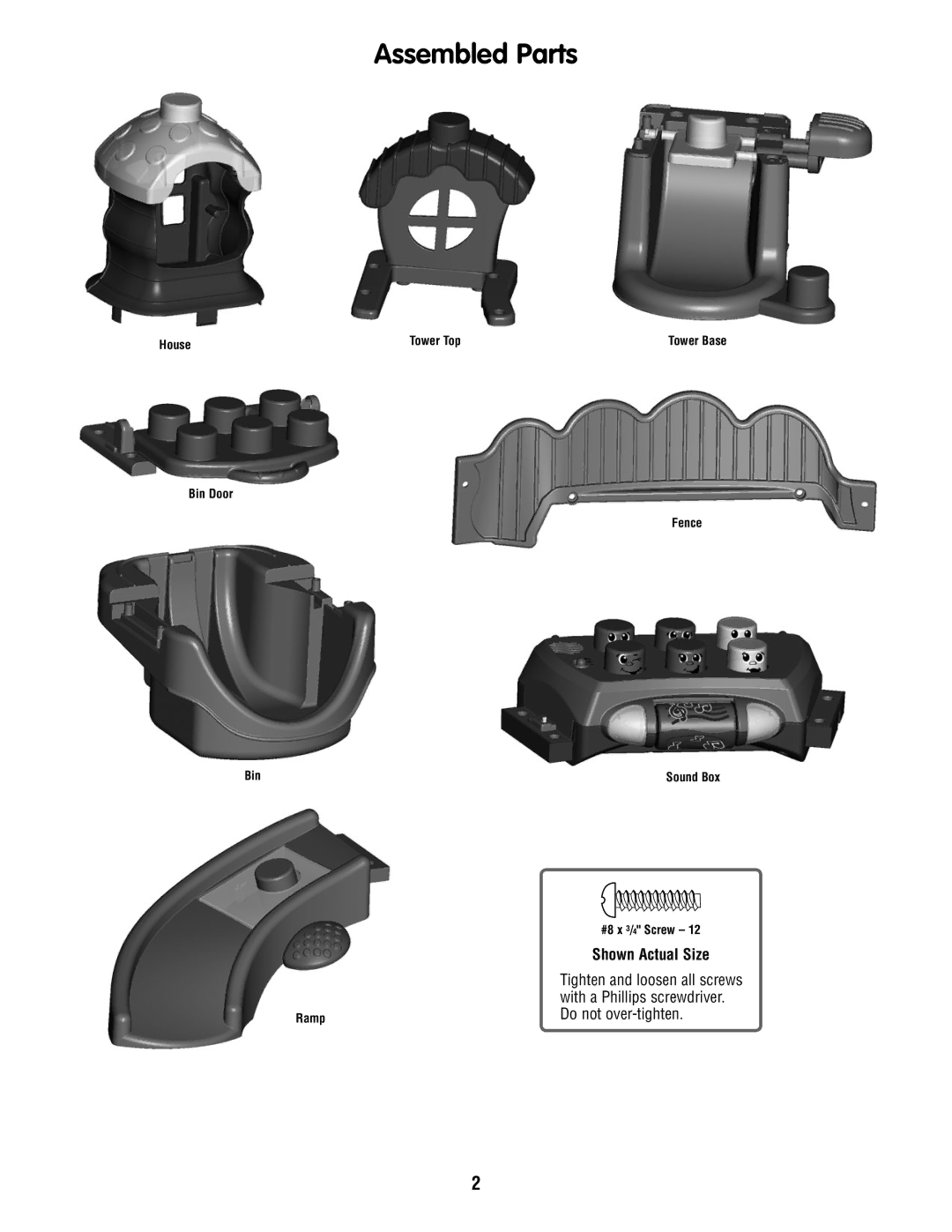 Fisher-Price P6235 instruction sheet Assembled Parts, With a Phillips screwdriver, Do not over-tighten 