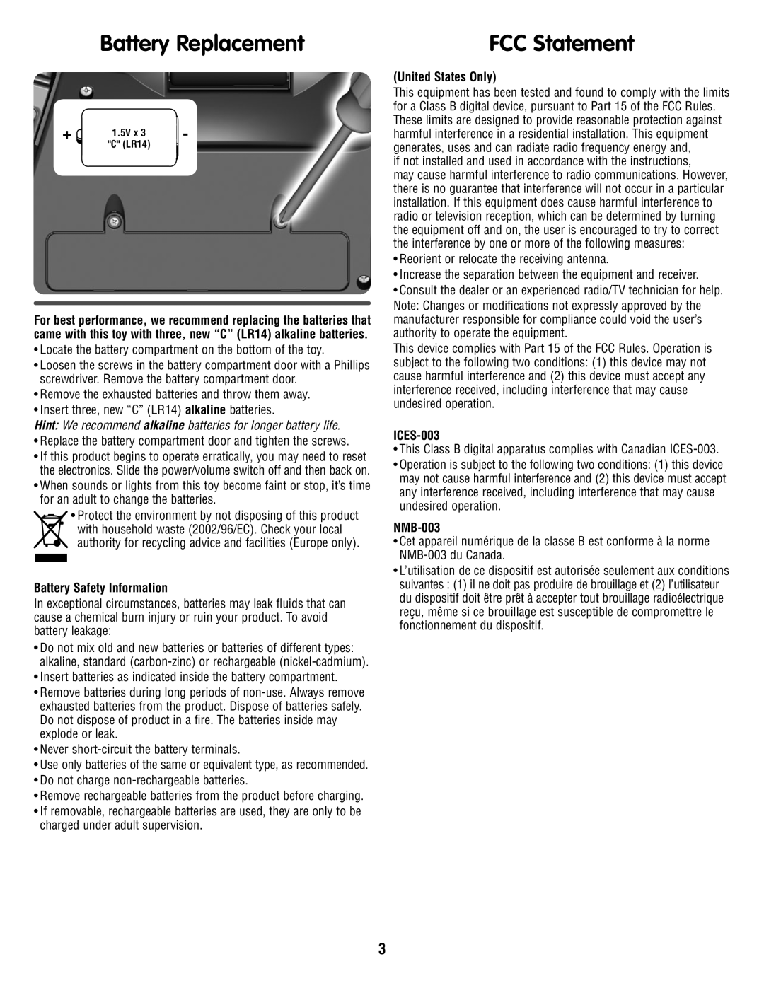 Fisher-Price P6235 instruction sheet Battery Replacement, FCC Statement 