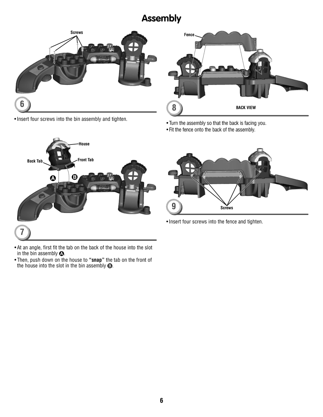 Fisher-Price P6235 instruction sheet Insert four screws into the bin assembly and tighten 