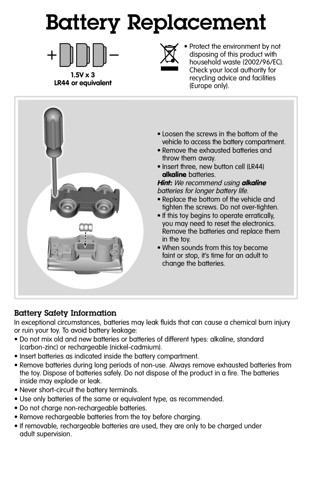 Fisher-Price P6251 instruction sheet Battery Replacement, 5V x LR44 or equivalent 