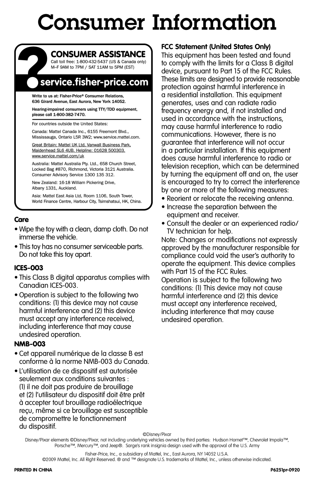 Fisher-Price P6251 instruction sheet Consumer Information, Care, ICES-003, NMB-003, FCC Statement United States Only 