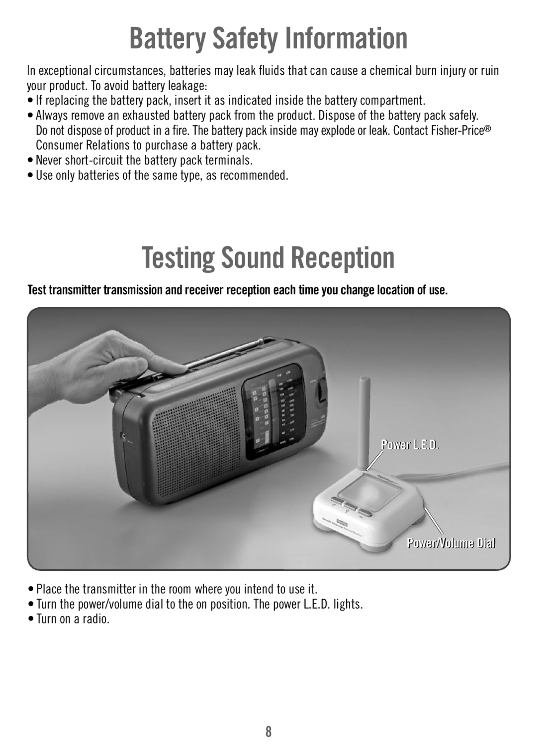 Fisher-Price P6584 manual Battery Safety Information, Testing Sound Reception 