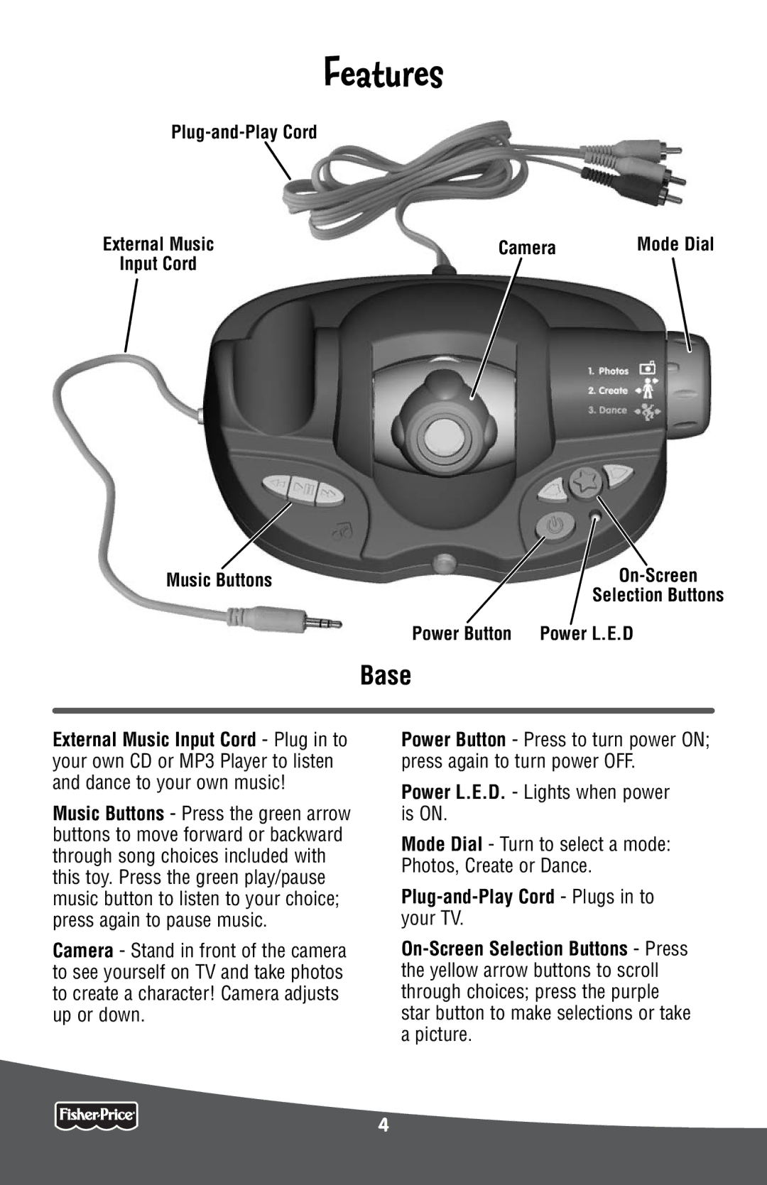 Fisher-Price P6798 manual Features, Plug-and-Play Cord, Camera, Music Buttons, Power Button Power L.E.D 