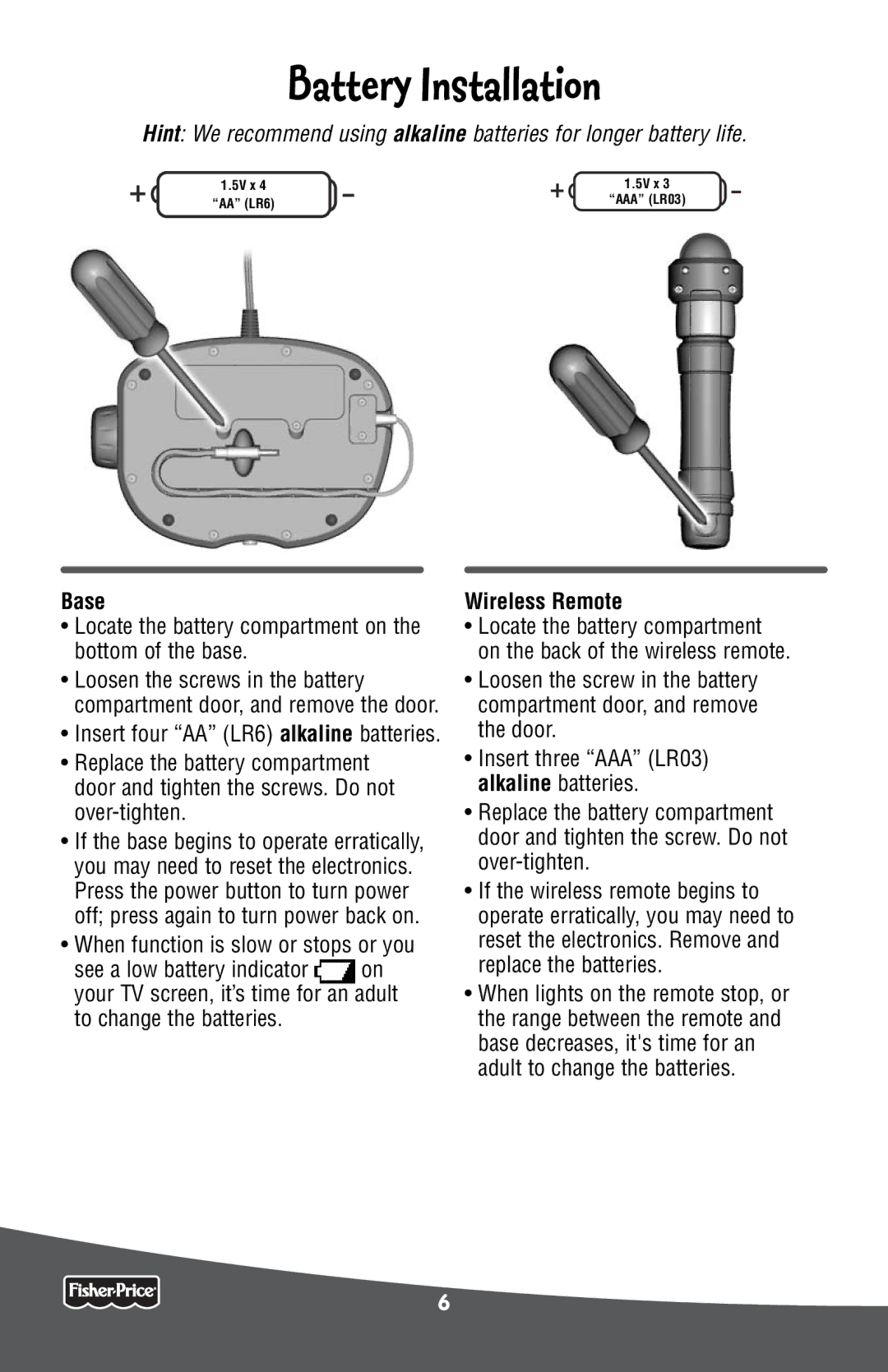 Fisher-Price P6798 manual Battery Installation, Base, Wireless Remote 