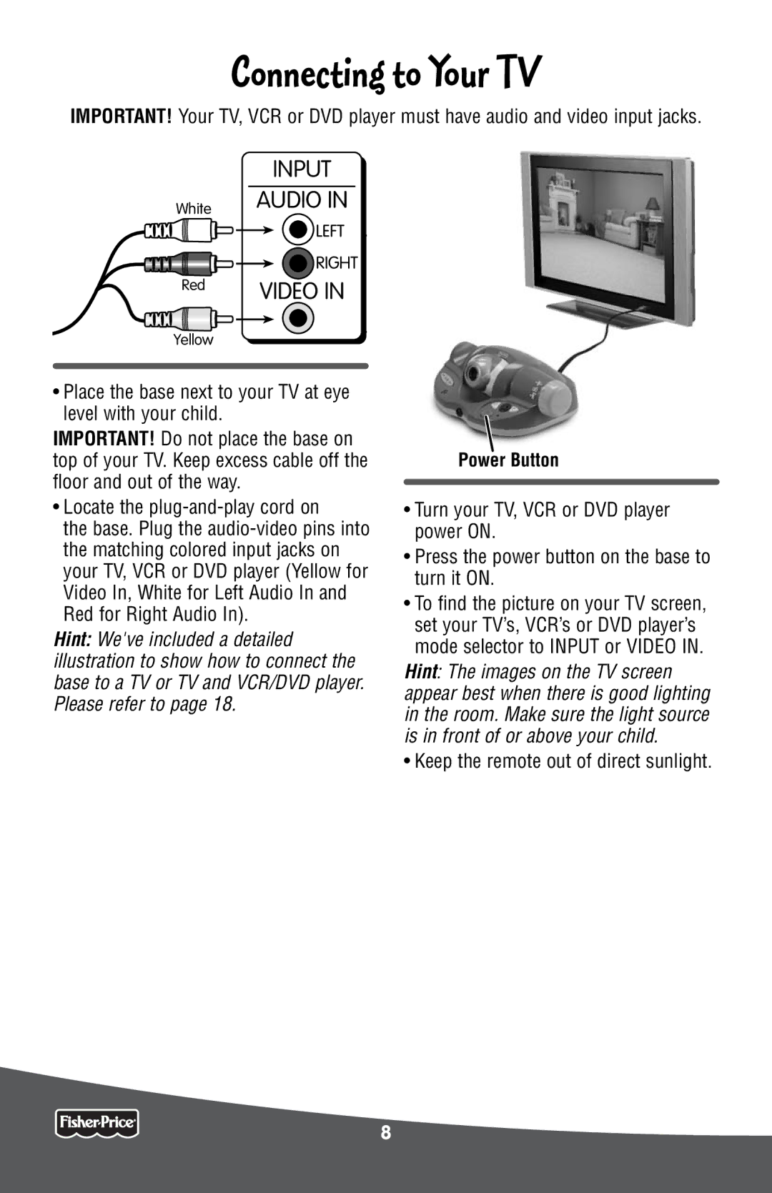 Fisher-Price P6798 manual Connecting to Your TV, Power Button 