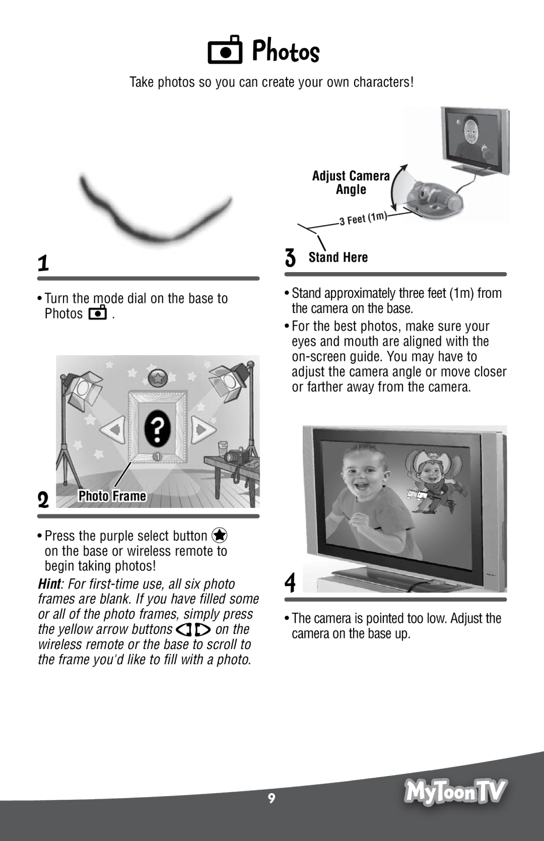 Fisher-Price P6798 manual Photos, Photo Frame, Adjust Camera Angle Stand Here 