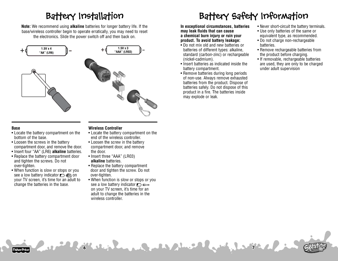 Fisher-Price P6843 manual Battery Installation Battery Safety Information, Never short-circuit the battery terminals, Base 