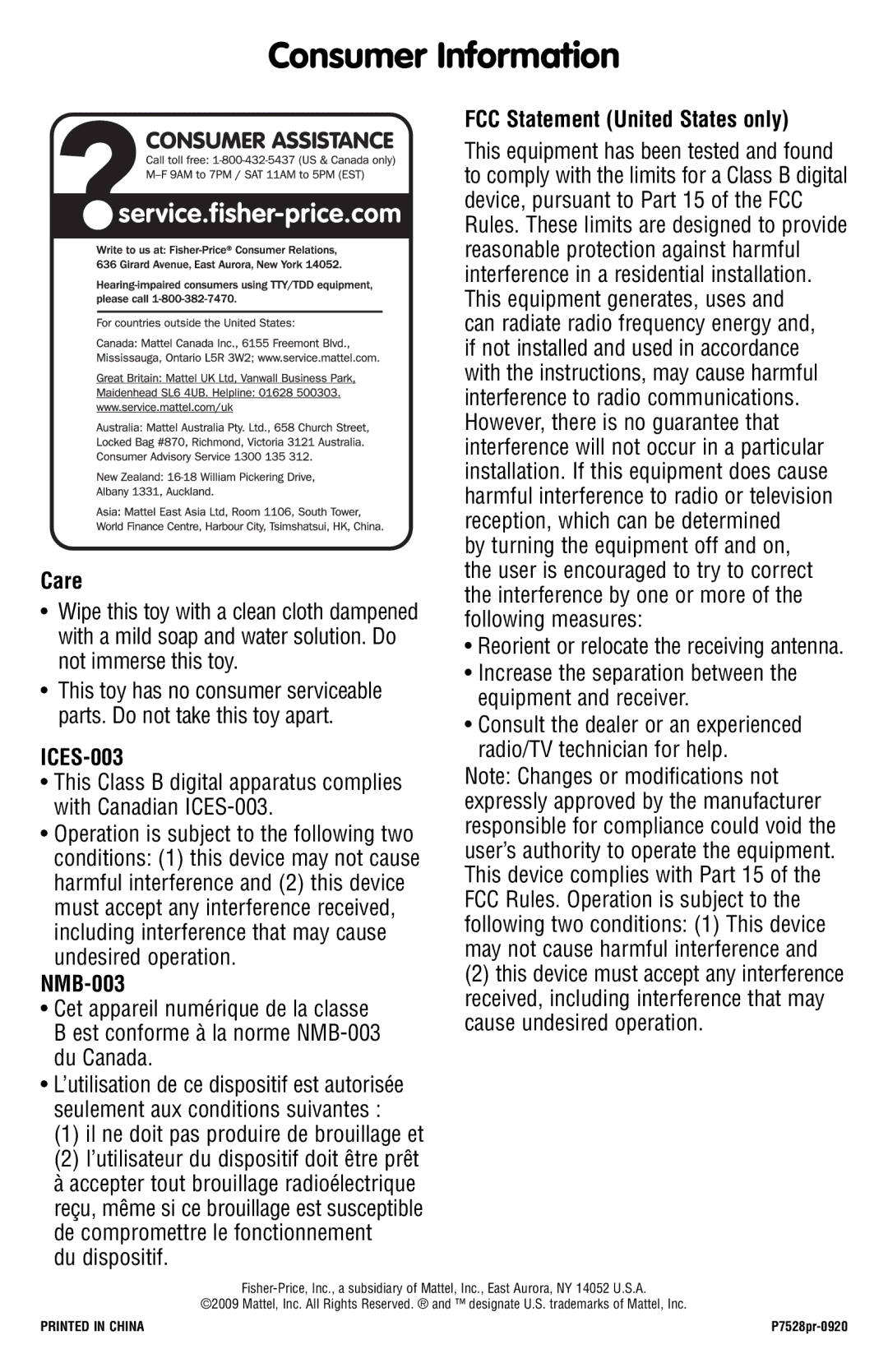 Fisher-Price P7528 instruction sheet Consumer Information, Care, ICES-003, NMB-003, FCC Statement United States only 