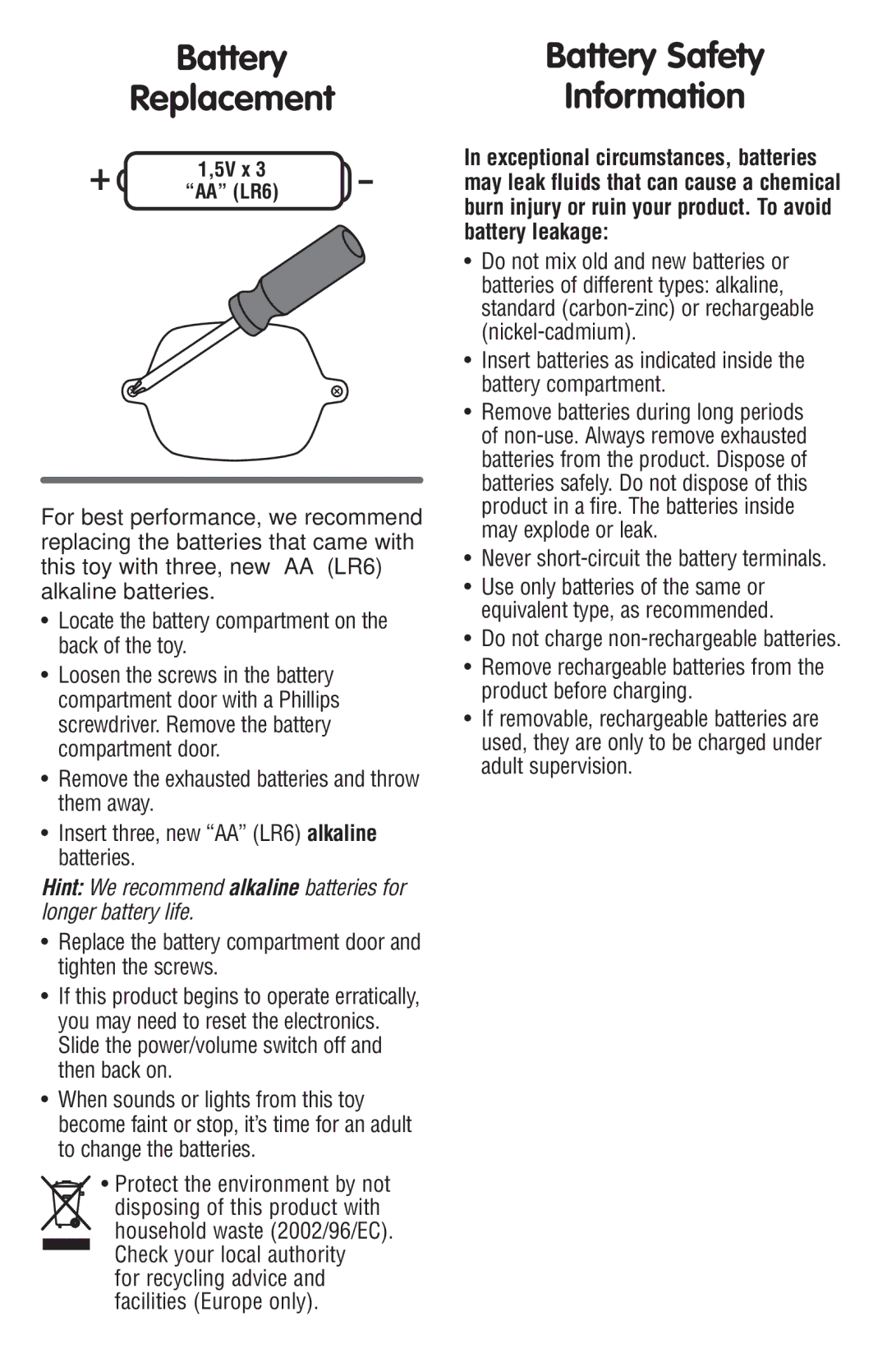 Fisher-Price P7629 Battery Replacement, Battery Safety Information, Locate the battery compartment on the back of the toy 