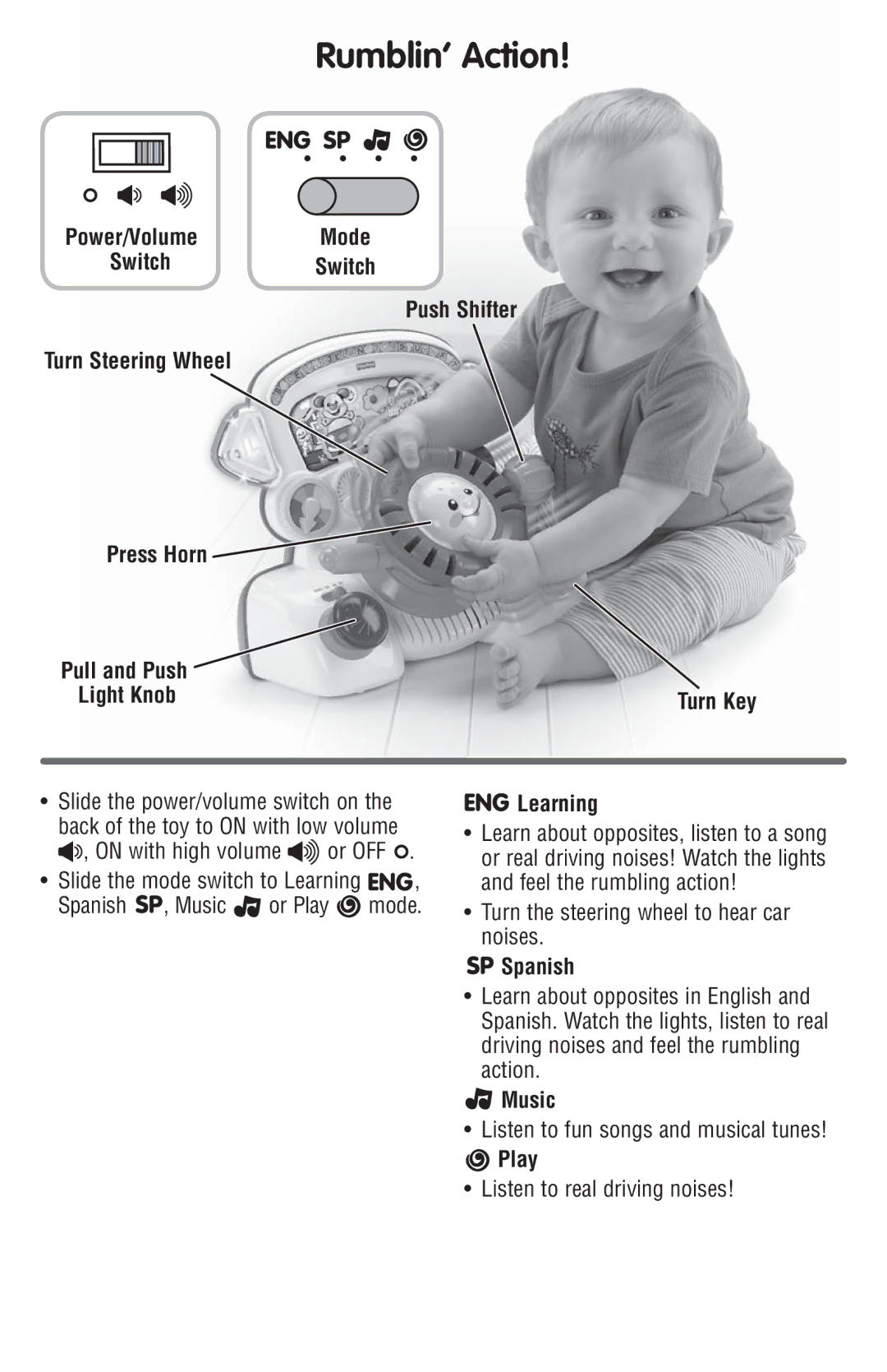 Fisher-Price P7629 instruction sheet Rumblin’ Action, Learning, Spanish, Music, Play 