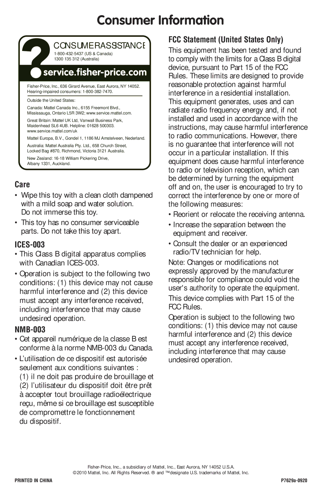 Fisher-Price P7629 instruction sheet Consumer Information, Care, ICES-003, NMB-003, FCC Statement United States Only 