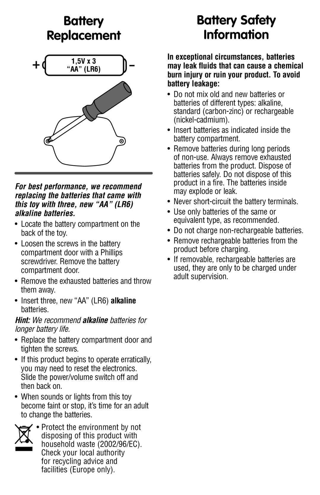 Fisher-Price P7631 instruction sheet Battery Replacement, Battery Safety Information 