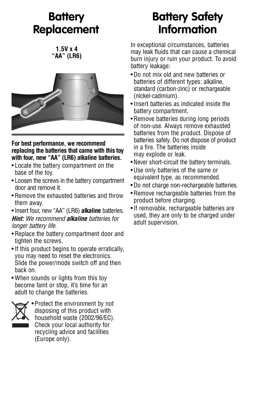 Fisher-Price P7639 instruction sheet Battery Replacement, Battery Safety Information, 5V x AA LR6 