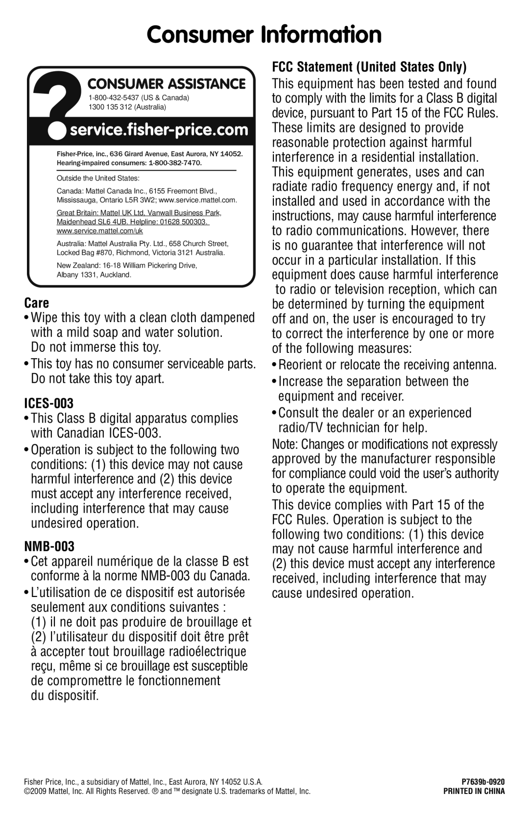 Fisher-Price P7639 instruction sheet Consumer Information, Care, ICES-003, NMB-003, FCC Statement United States Only 