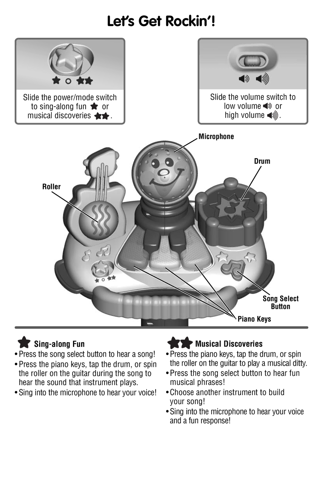 Fisher-Price P7639 instruction sheet Slide the volume switch to, Sing-along Fun, Musical Discoveries 