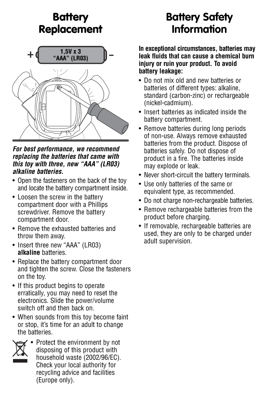 Fisher-Price P7687, P7695, P8600 instruction sheet Battery, Replacement 