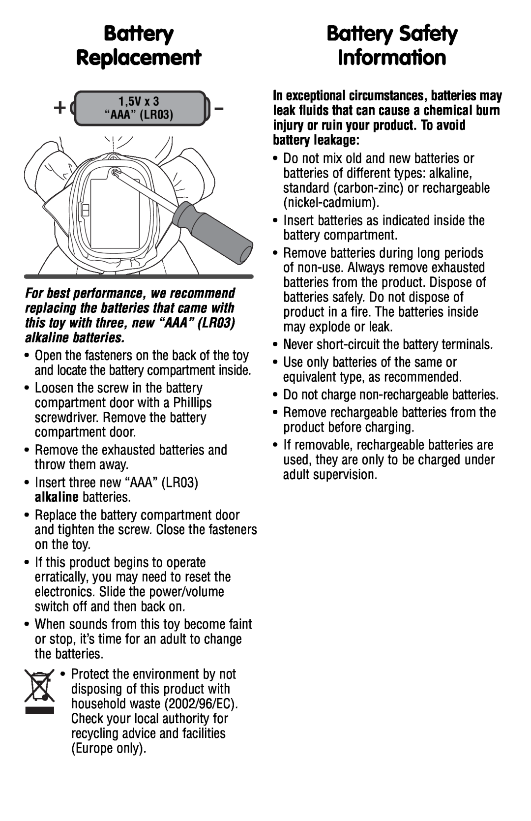 Fisher-Price P7687, P7695, P8600 instruction sheet Replacement, Information, Battery Safety 