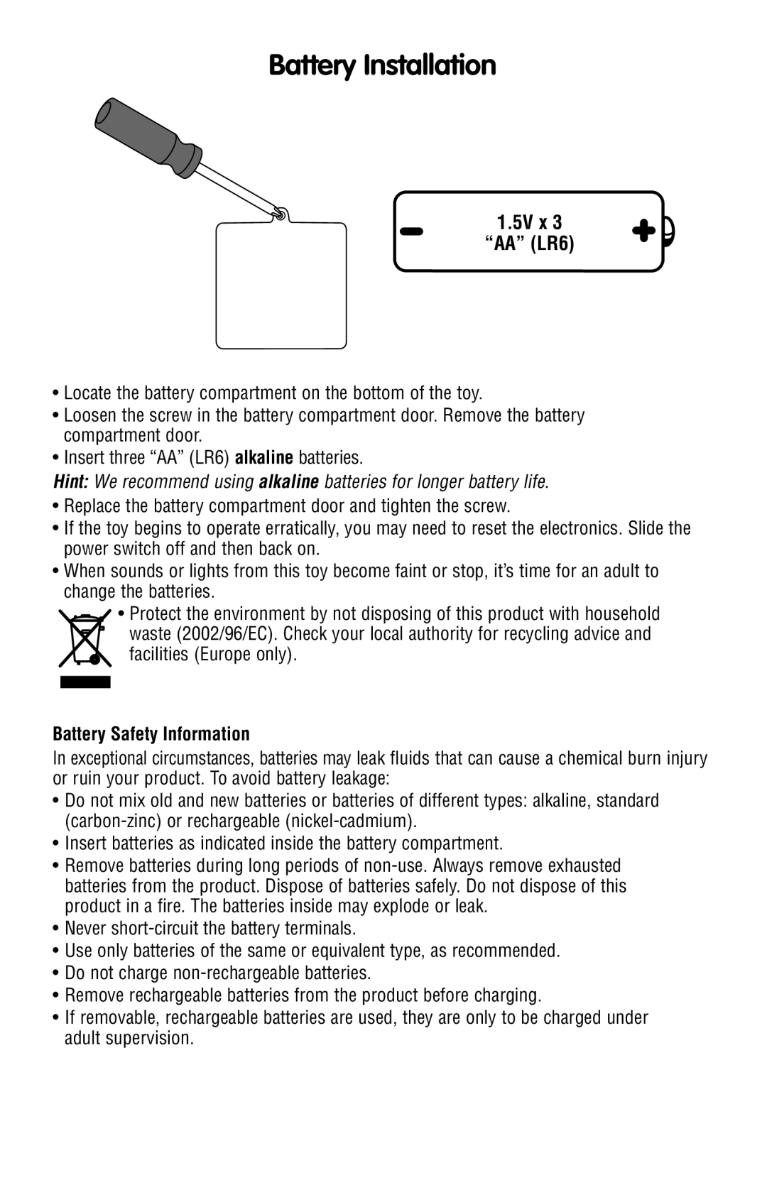 Fisher-Price P8224 instruction sheet Battery Installation, 5V x AA LR6, Battery Safety Information 