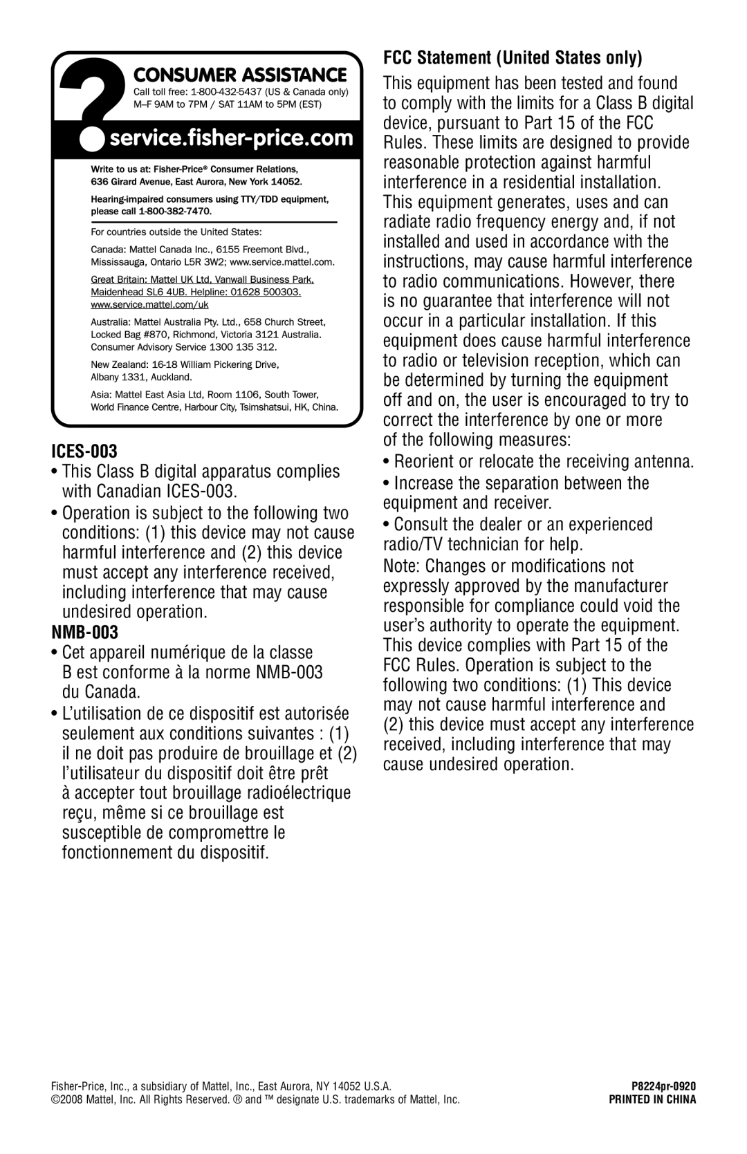 Fisher-Price P8224 instruction sheet ICES-003, NMB-003, FCC Statement United States only 