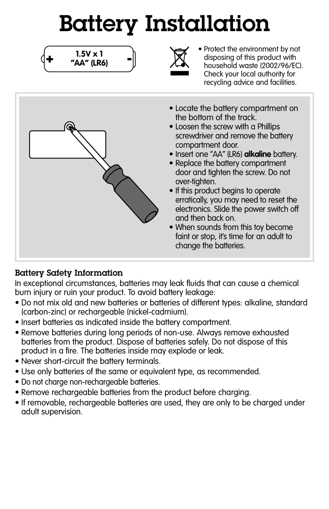 Fisher-Price P8457 manual Battery Installation, 5V x AA LR6 