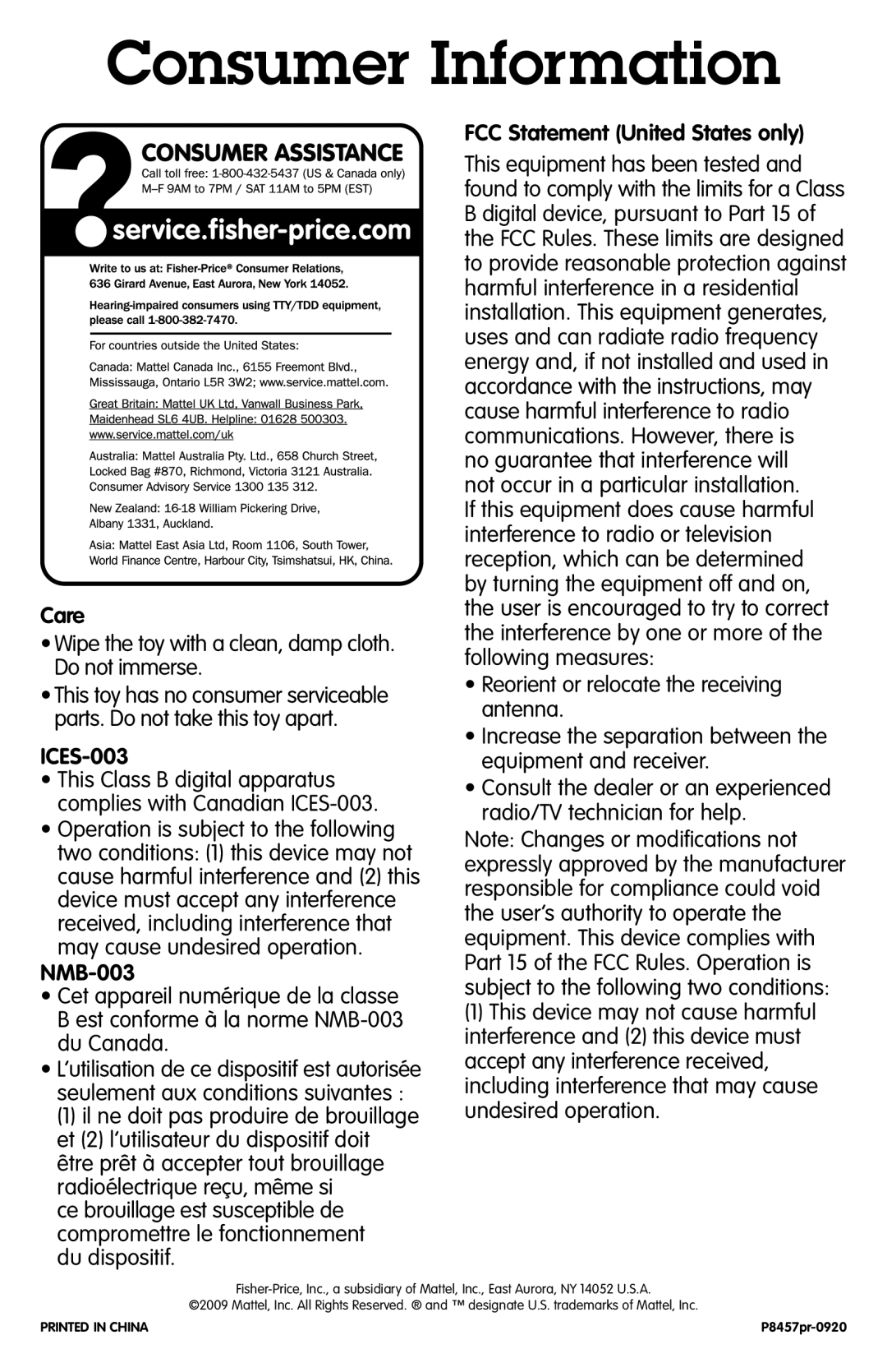 Fisher-Price P8457 manual Consumer Information, Care, ICES-003, NMB-003, FCC Statement United States only 