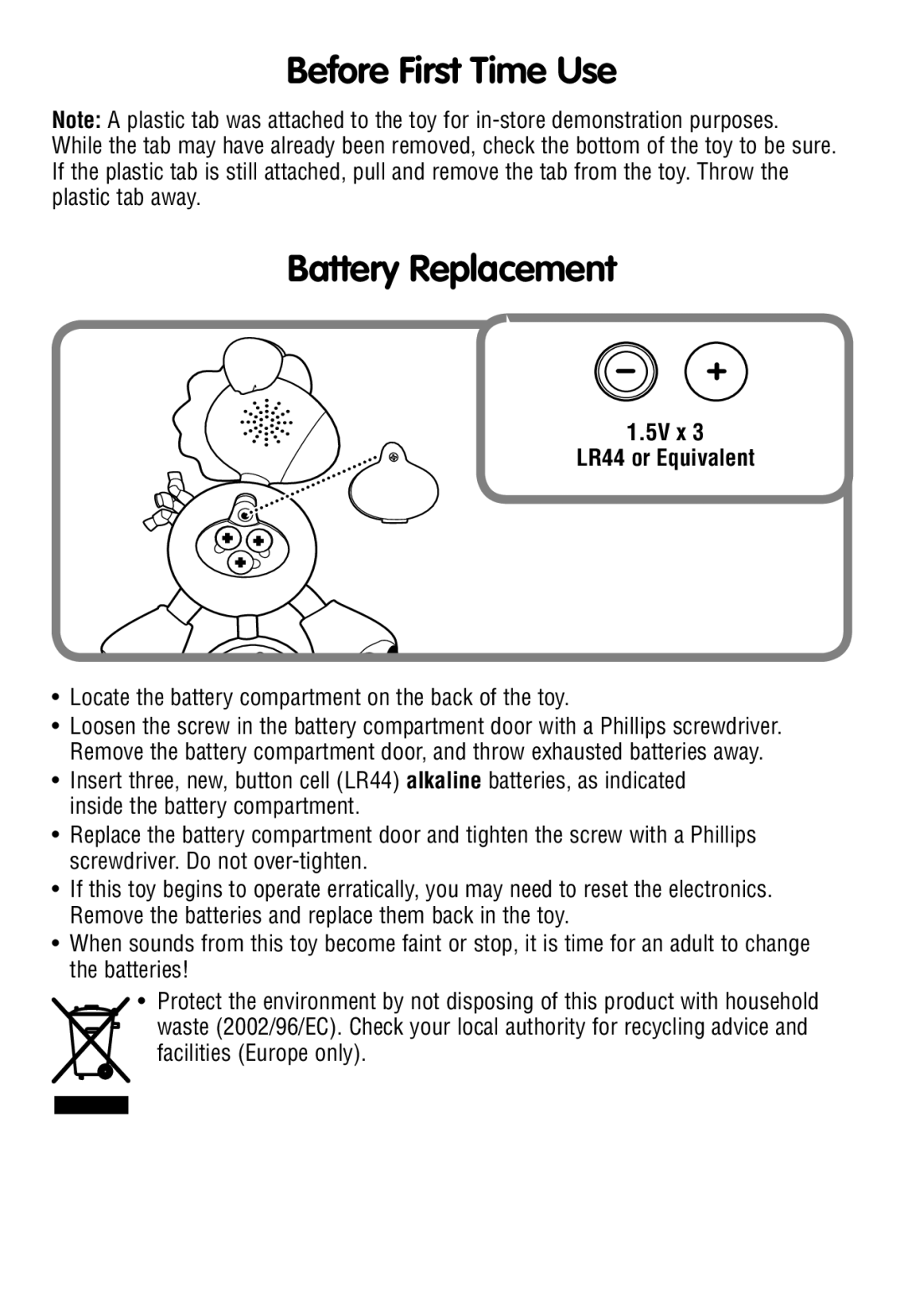 Fisher-Price P8561 manual Before First Time Use Battery Replacement, 5V x LR44 or Equivalent 