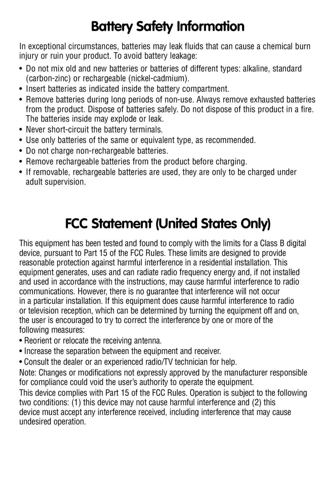 Fisher-Price P8561 manual Battery Safety Information, FCC Statement United States Only 