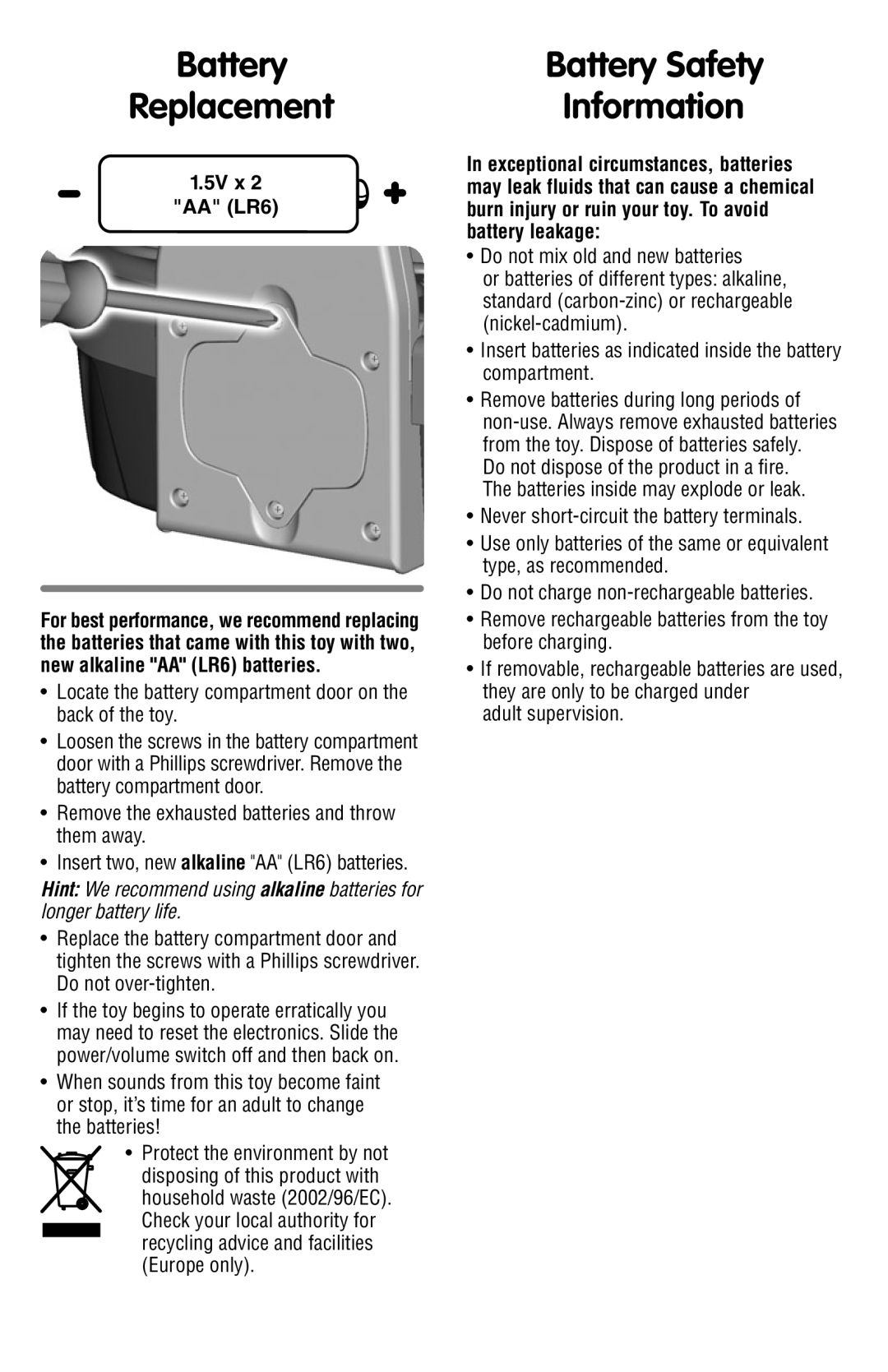 Fisher-Price P8792 instruction sheet Battery Replacement, Battery Safety Information, 5V x AA LR6, Adult supervision 