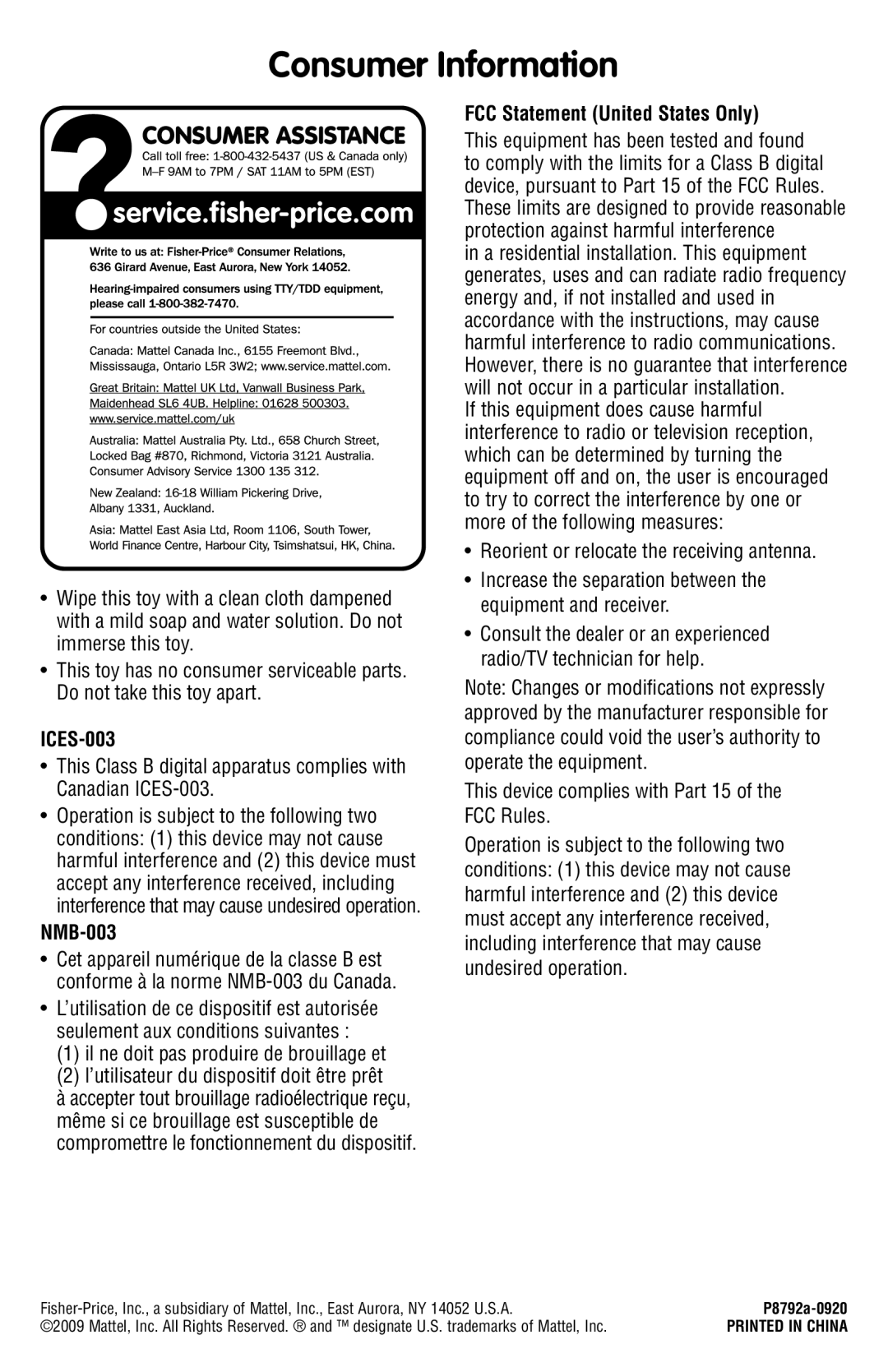 Fisher-Price P8792 instruction sheet Consumer Information, ICES-003, NMB-003, FCC Statement United States Only 