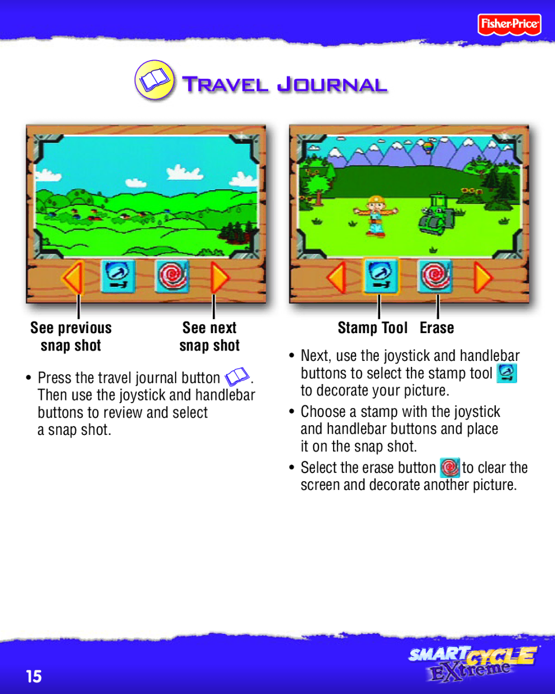 Fisher-Price P8897 manual Travel Journal, See Next See previous, Snap shot, Stamp Tool Erase 