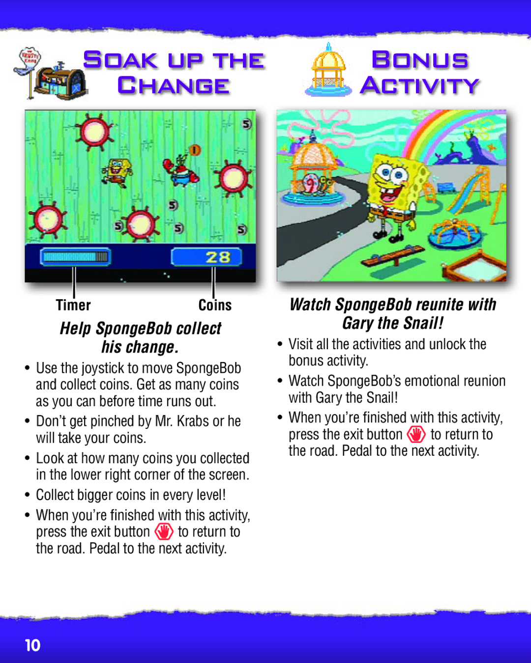 Fisher-Price P8898 manual Help SpongeBob collect His change, Watch SpongeBob reunite with Gary the Snail 