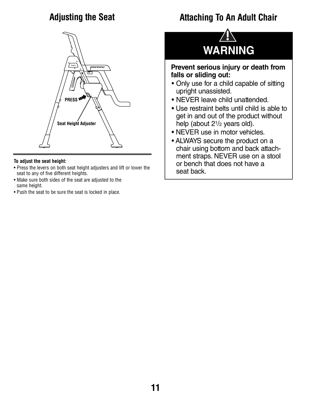 Fisher-Price P9043 manual Adjusting the Seat, Attaching To An Adult Chair 