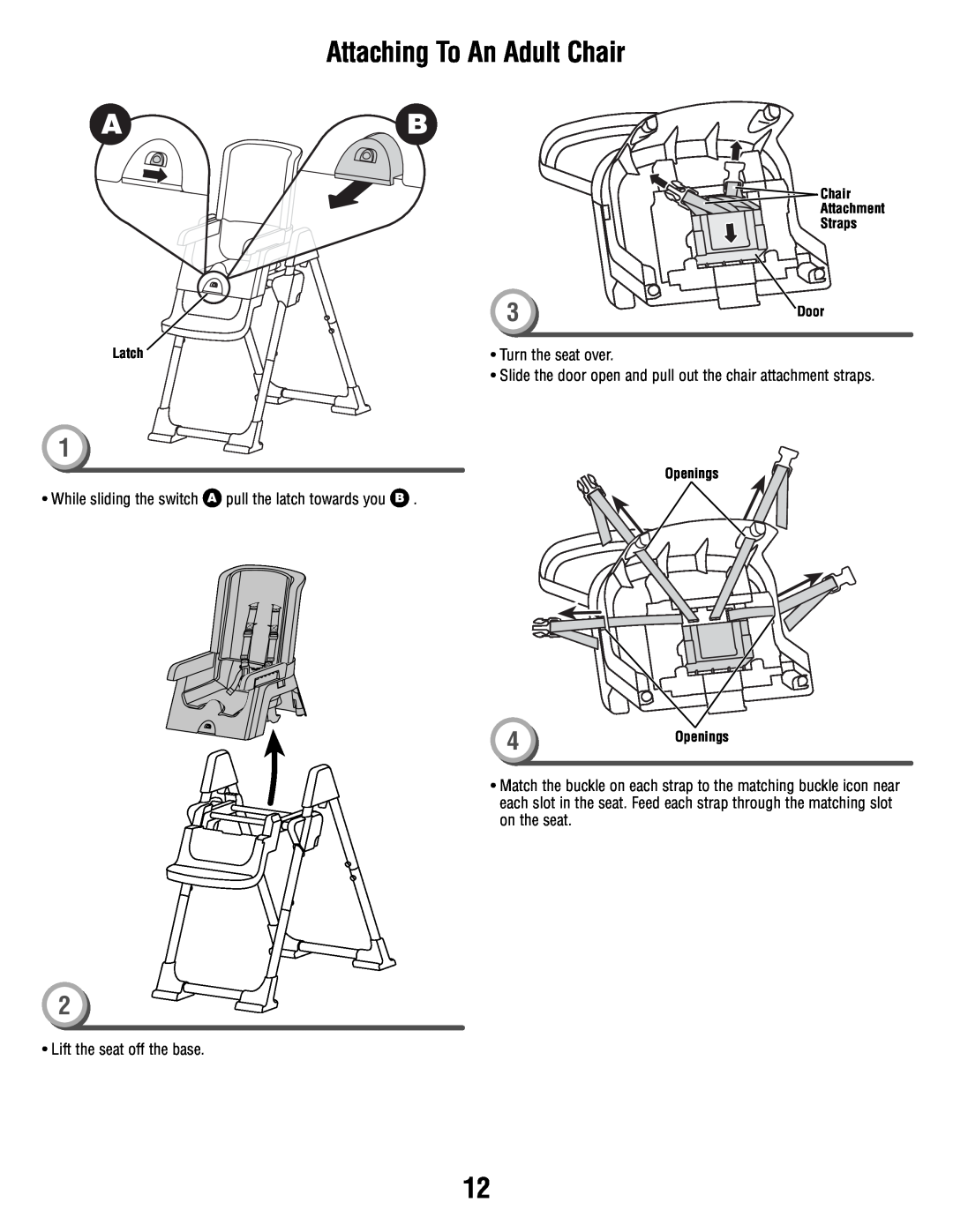 Fisher-Price P9043 manual Attaching To An Adult Chair, Straps, Door, Latch, 4Openings, Turn the seat over, Attachment 