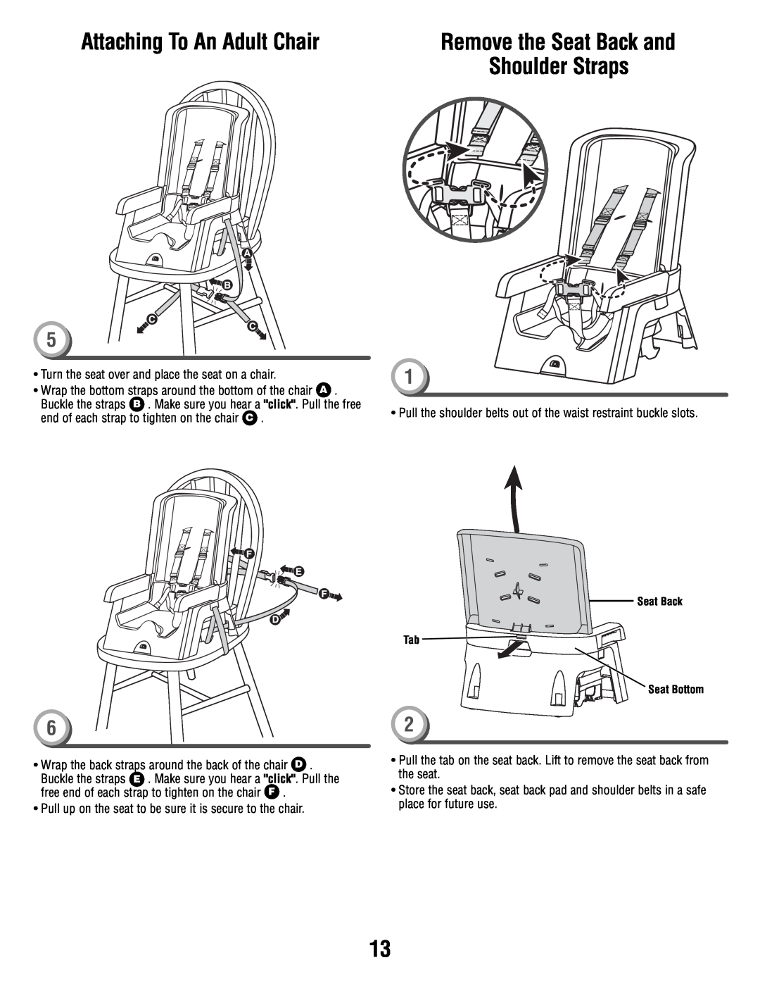 Fisher-Price P9043 manual Remove the Seat Back and, Attaching To An Adult Chair, Shoulder Straps 