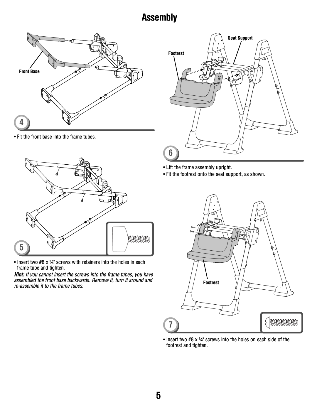 Fisher-Price P9043 manual Assembly, Fit the front base into the frame tubes 