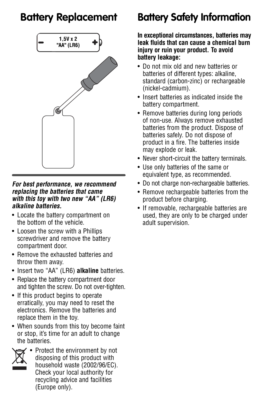 Fisher-Price P9130 manual Battery Replacement, Battery Safety Information 